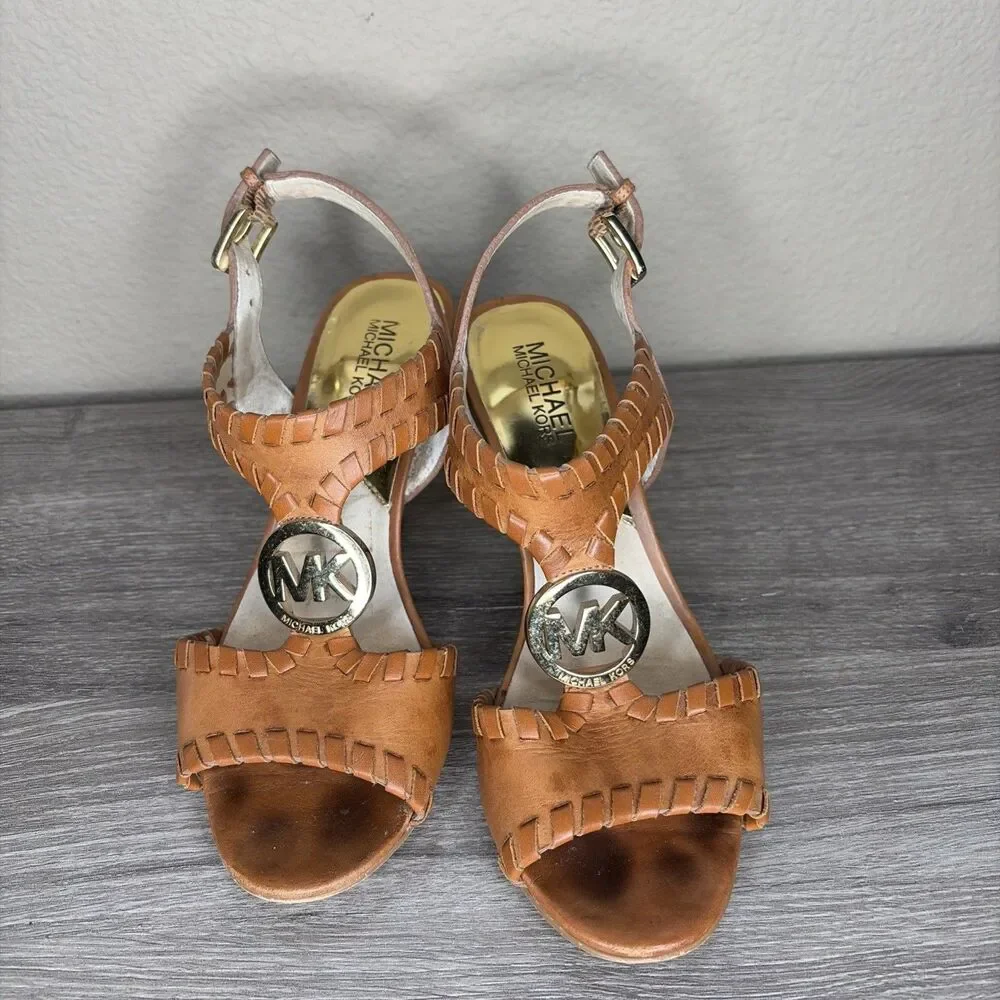 MICHAEL KORS Kalle T Strap Womens Brown Leather Heels Sandals 6.5 Whip Stitch